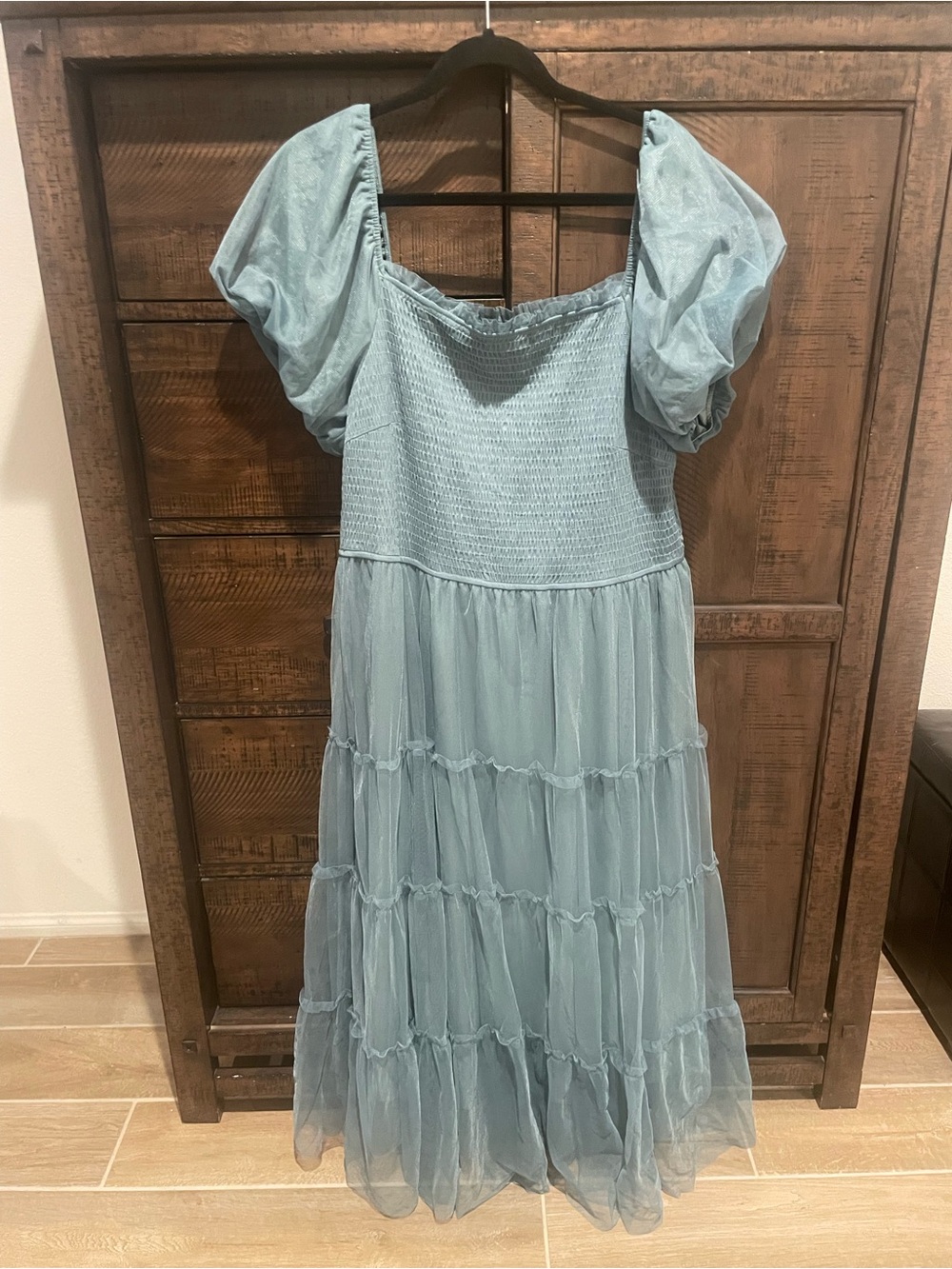 Smocked Bodice Puff-Sleeve Maxi Dress in Light Blue